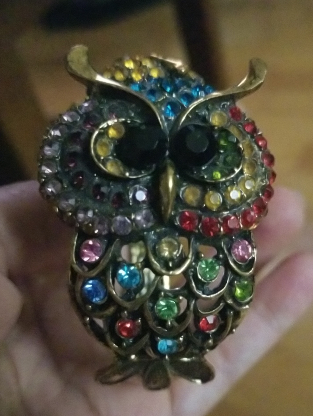 Vintage Gold Tone Owl Clamper Cuff Bracelet Multi-Colored Rhinestone 70s
